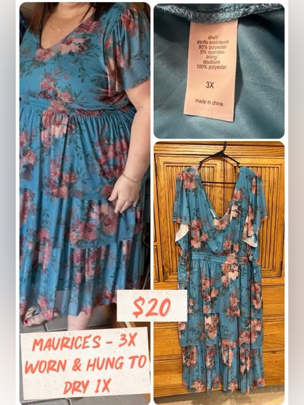 Maurices Teal Floral V-Neck Maxi Dress - 3x